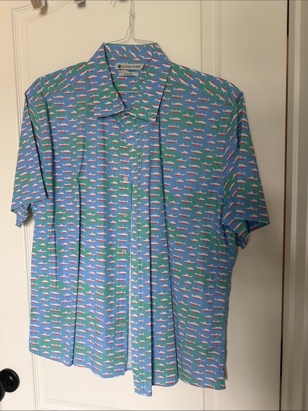 Southern Proper Blue and Green Short Sleeve Button-Down with Pink Accent Print
